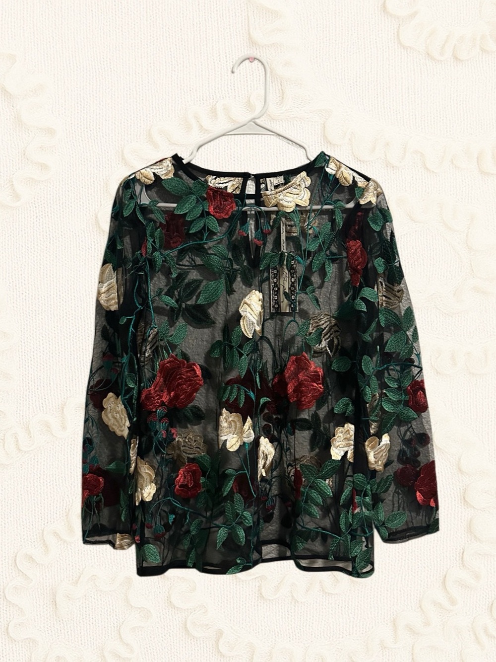 Ultra Pink Floral Embroidery Mesh Long Sleeve Mock Neck Top Black & Green Medium